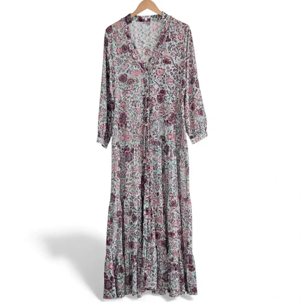 Poupette St Barth Eyelet Prairie Maxi Dress Women Floral Button Up Ruffles XL